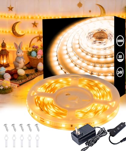 Image of 30 FT Warm White Led Lights Strip Rope Lights for Easter Ramadan Eid Mubarak Decorations Housewarming Party Indoor Decor Cuttable Strip Lights for Baby Room Bedroom Living Room Ceiling Wall