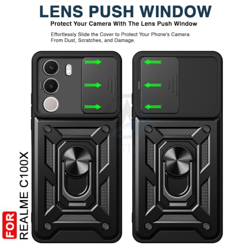 Image of AESTMO Tough Armor Realme C100X Bumper Back Case Cover | Ring Holder & Sliding Camera Shield Cover | 360 Degree Protection Back Case Cover for Realme C100X (Black)