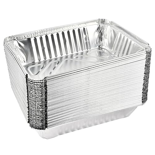 POUMUE 50 Bandejas Barbacoa, 1000ml Bandejas Aluminio Desechables, Moldes para Hornear de Papel de Aluminio Rectangulares, Bandeja de Horno de Aluminio para Servir Comida en Fiestas