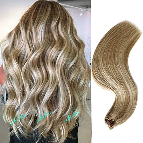 Ubetta Human Hair Weft Sew in Hair Extensions Ash Blonde with Platinum Blonde Highlights Real Hair Bundles Straight Remy Hair Extensions Double Weft Hair Weave 100Gram Per Bundle 16 inch for Women