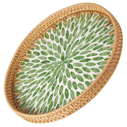 Round Rattan Serving Tray - Natural Handmade Woven Basket Trays with Mother of Pearl Inlay with Wooden Base Decorative Wicker Basket for Table Decor, Home Storage Display of Bread, Coffee, Fruit