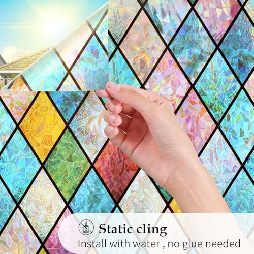 WPCTEV 3D Window Film No Glue Privacy for Glass Sticker Static Cling Heat Control Anti UV Non-Adhesive Decorative Rhombus 17.5 Inch x 6.5 Feet