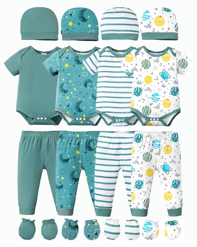 Image of NZRVAWS Newborn Baby Boy Girl Clothes Unisex Infant Romper Pants Set Hat 4-Pack Outfits 0-12 Months 16 Pieces Toddler