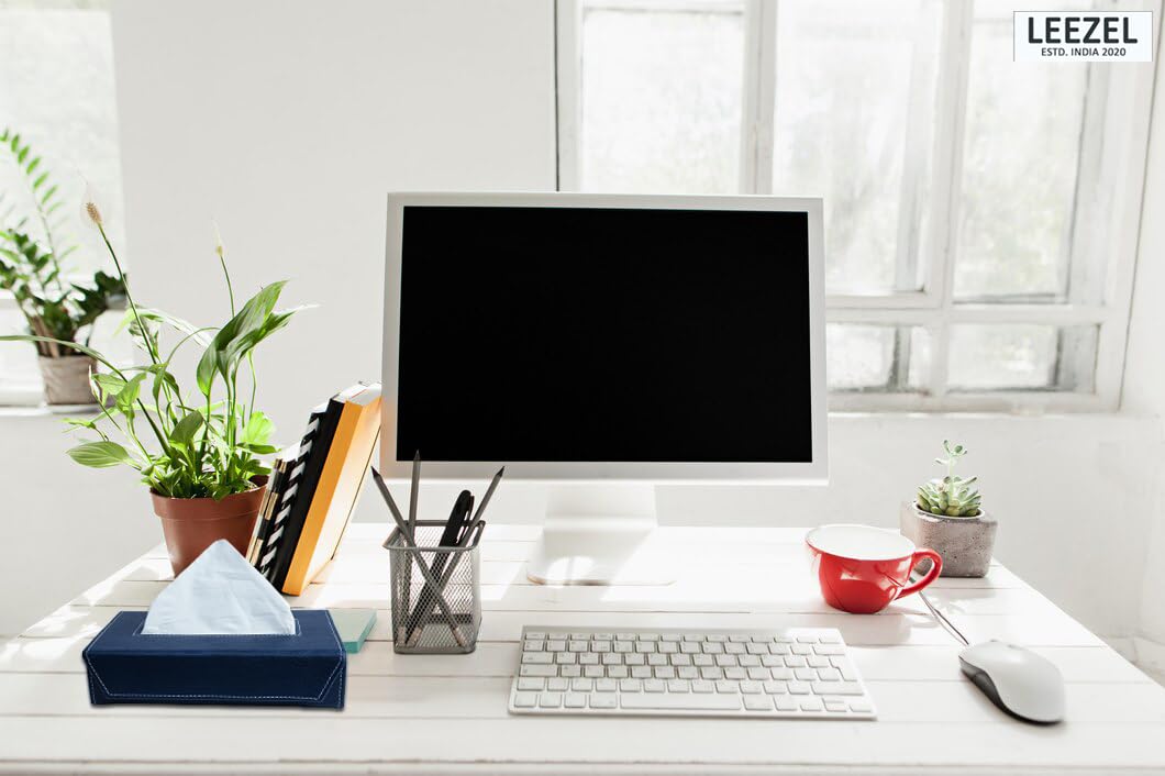 LEEZEL| Tissue Box Holder with 100 Pulls Cotton Rags Tissue | Handcrafted Fine Leather - Like Finish | for Gifting, Office Desks, Cars & Home Décor | Durable & Water Resistant. (Blue) - Image 5 thumbnail