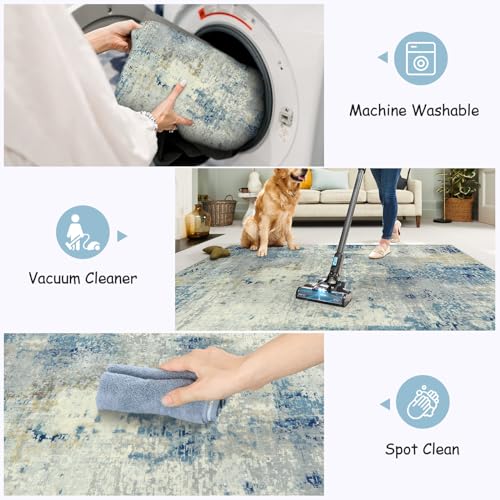 Lahome Modern Abstract Living Room Rug, Washable 8x10 Area Rugs for Bedroom Stain Resistant Non Slip, Large Blue Soft Indoor Carpet for Dining Room Table Apartment, Blue/Grey