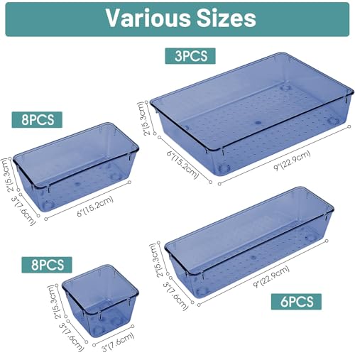 Image of WOWBOX 25 PCS Plastic Drawer Organizer Set, 4 Sizes Desk Drawer Divider Organizers and Storage Bins for Makeup, Jewelry, Gadgets for Kitchen, Bedroom, Bathroom, Office, Clear Dark Blue