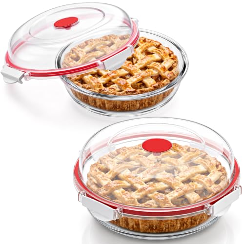 Ferrochef 2 Pcs 9 Inch Glass Pie Plate with Lid for Baking Large Stackable Glass Round Pie Baking Dish for Fruit Quiches Pumpkin Kitchen Oven Refrigerator Family Clear