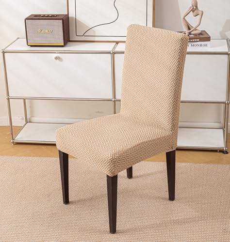 Image of House of Quirk Elastic Jacquard Chair Cover Stretch Removable Washable Short Dining Chair Cover Protector Seat Slipcover (Pack of 2, Khaki)