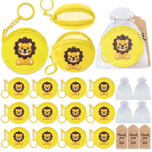 36 Pack Lion Change Purses Set Include 12 Lion Wallets with Keyrings, 12 Thank You Tags and 12 Organza Bags for Lion Jungle Safari Animals Baby Shower Wild ONE Party Supplies,Yellow