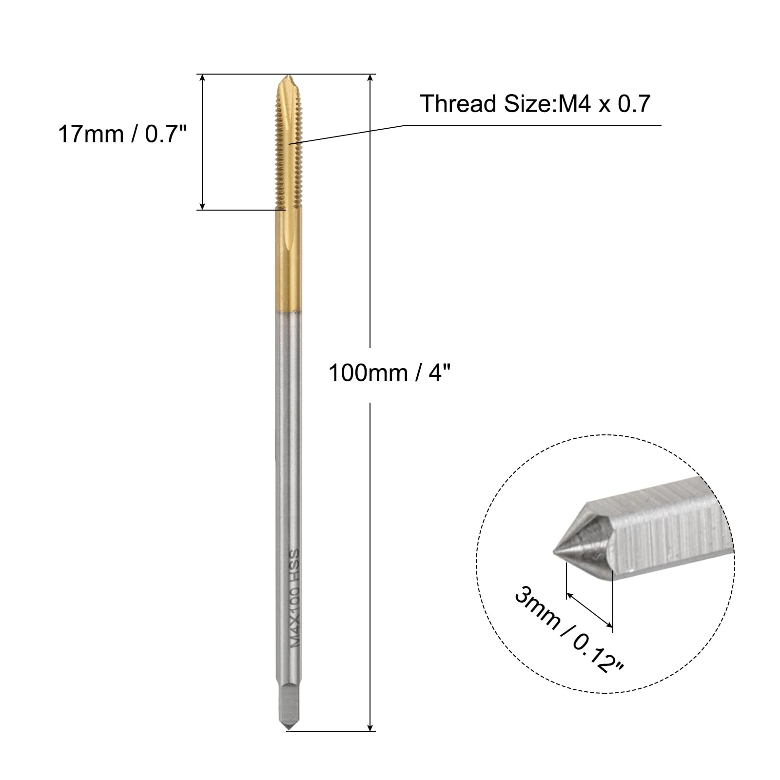 QUARKZMAN M4 x 0.7 H2 Metric Spiral Point Thread Tap, 100mm (4") Extra Long Screw Tap Threading Tapping Tool, Titanium Coated 6542 High Speed Steel Machine Taps Tapping Bit