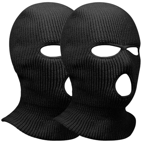 2pcs 3 Hole Winter Knitted Mask Full Face Cover Ski Scarf Mask Warm Balaclava for Adult Skiing Motorcycle Wind Protection Black+Black