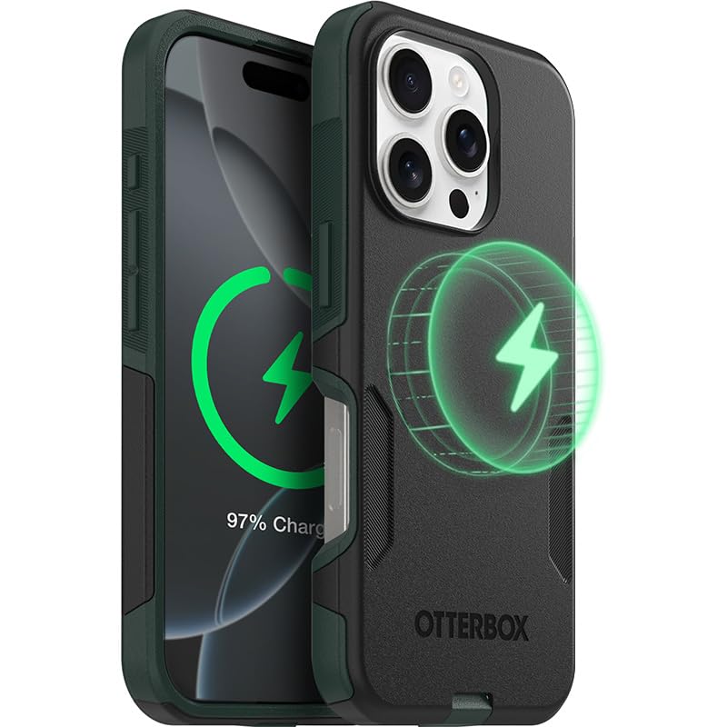 Image of OtterBox iPhone 16 Pro (Only) - Commuter Series Case - Built-in MagSafe - Thin, Dual-Layer, Pocket-Friendly, Port Cover - Forest Night (Black /Green)