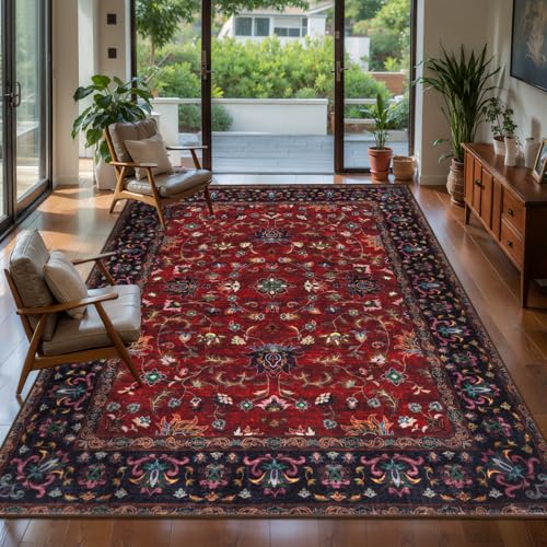 Image of Tangsoo Oriental 4x6 Washable Area Rug for Living Room, Non Slip Rug Red