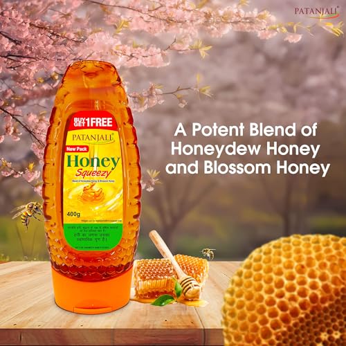 Image of Patanjali Natural Honey Squeeze Pack 400g - No Added Sugar Pure Raw Natural Bee Honey | No Artificial Colour | For Eating Cooking & Wellness