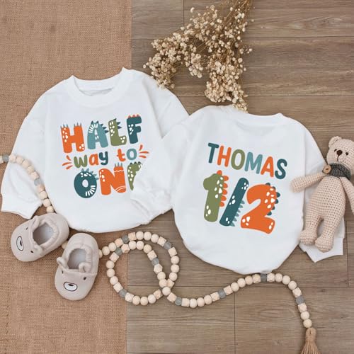Personalized Half Birthday Outfit Baby Boy, 1/2 Birthday Boy Bubble Romper, Half Way To One Boy Bodysuit2