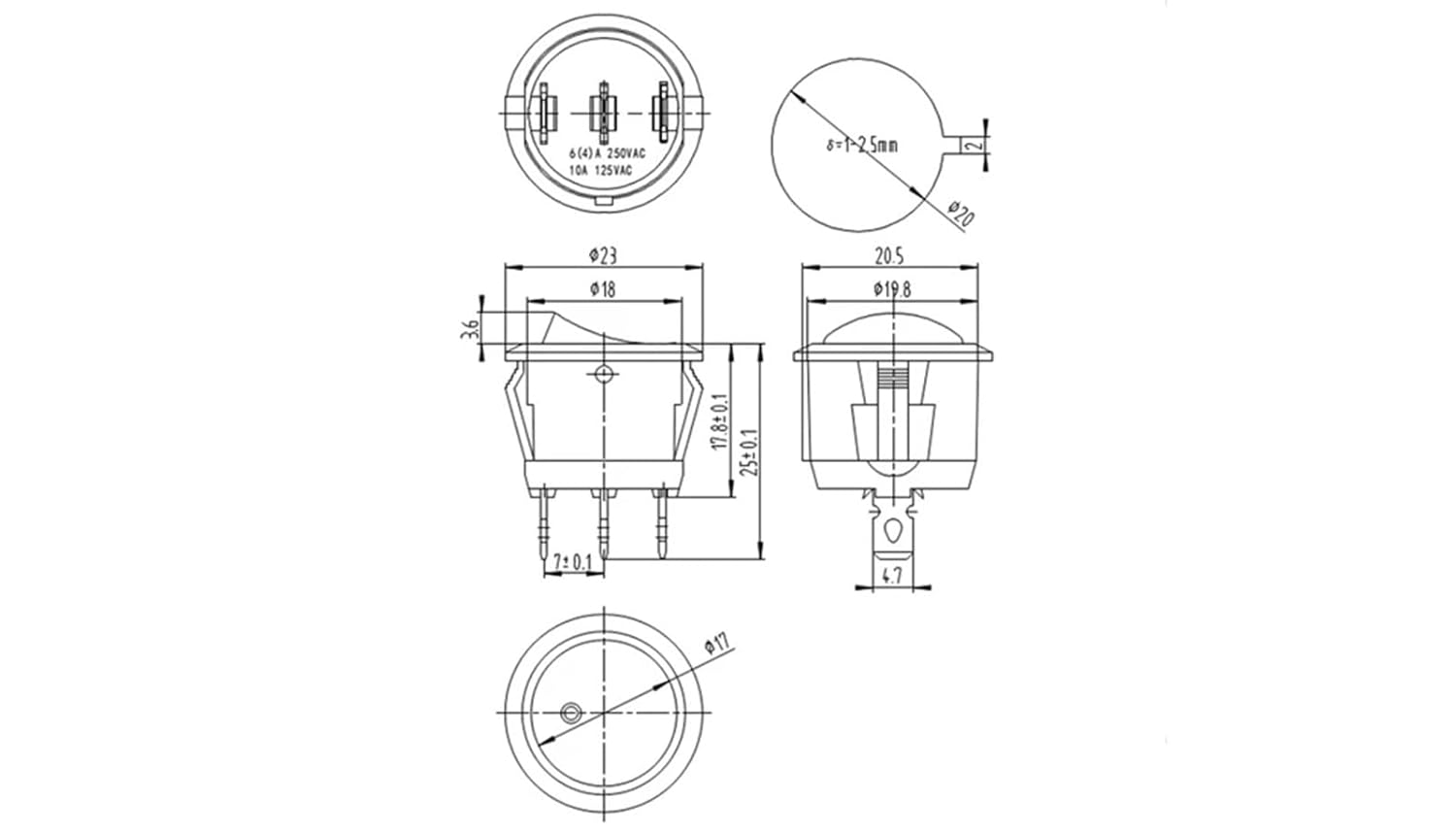 Mini Round Black 3 Pin SPDT ON-Off Rocker Switch Snap-in 5Pcs
