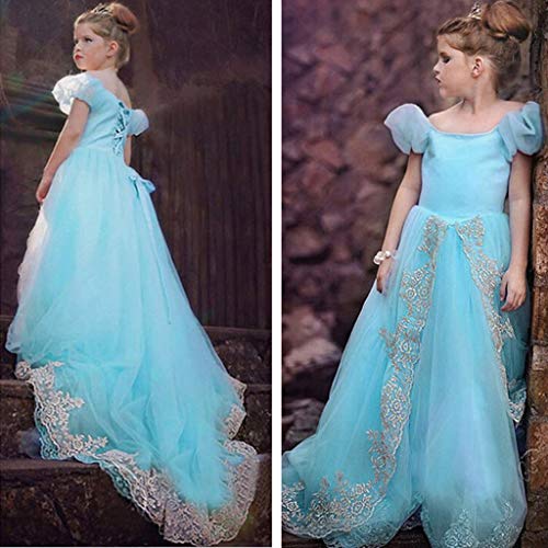 Fancy Dress Kids Girls Off Shoulder Puff Sleeve Princess Costume Pageant Cosplay Party Dress Up Clothes for Little Girl (Blue, 3-4 Years) - Thumbnail 7