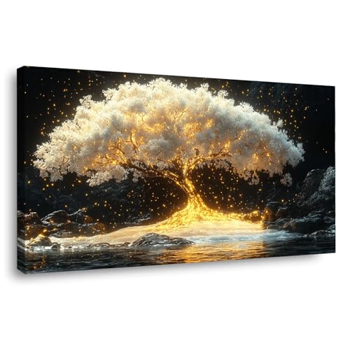 Arbre de vie fleuri blanc toile déco salon moderne eau dorée 20x40