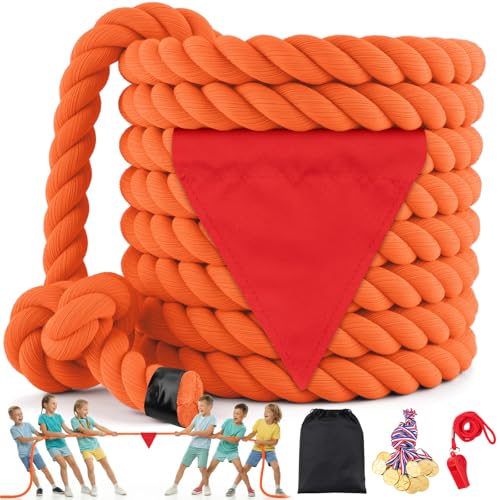 HOKINETY Tug of War Rope for Kids & Adults - 20ft Soft Cotton Outdoor Pulling Rope with Flag for Team Building Activities Field Day Family Reunions Birthday Parties Camping Games- Orange