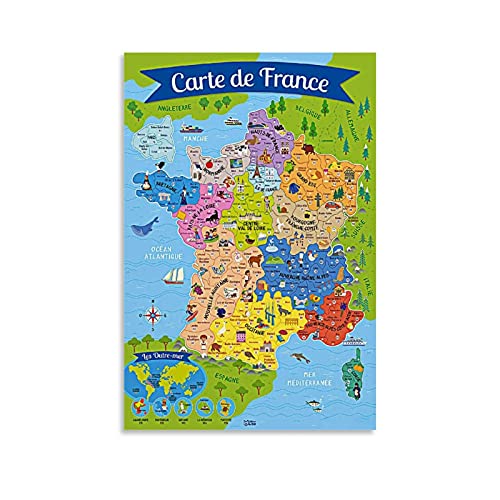 Poster carte de France pour enfants - Peinture décorative sur toile - Art mural - Posters pour salon et chambre à coucher - 40 x 60 cm