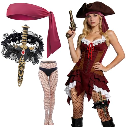Opalaysria 4 Pcs Women Pirate Costume Accessories Set Lace Bow Pirate Sword Head Scarf Bandana Skull Necklace Fishnet Tights Leg Accessory Halloween Costume for Women Dress Up Cosplay Party Gifts JH