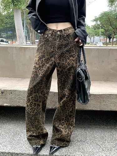 XPONNI Y2k Jeans Animal Print Y2k Pants Leopard Print Womens Baggy Wide Leg Jeans 2000s Mcbling Grunge Clothes4