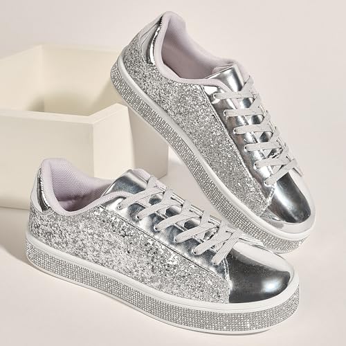 Image of UUBARIS Women's Glitter Tennis Sneakers Neon Dressy Sparkly Sneakers Rhinestone Bling Wedding Bridal Shoes Shiny Sequin Shoes