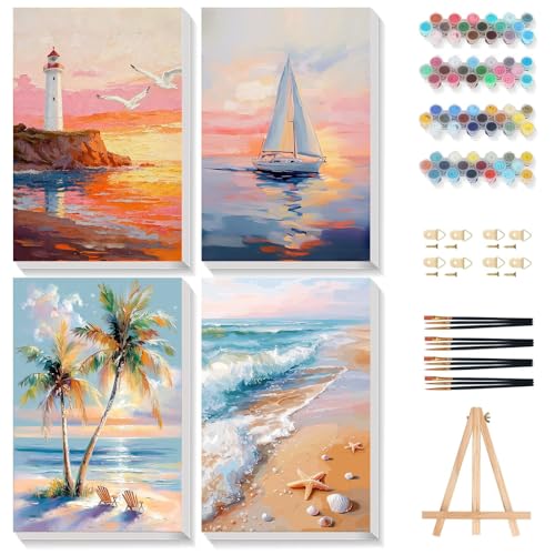 Gemozaic 4 Pack Beach Framed Paint by Numbers Kit for Adults Small Easy Landscape Paint by Number with Frame for Adult Beginners DIY Acrylic Numbers Painting for Home Wall Decor Gift 8x12 inch