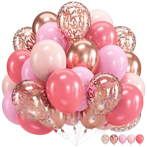 Image of Pink Rose Gold Balloons - 60pcs 12inch Confetti Helium Latex Balloons for Arch Birthday Decorations Bridal Shower Wedding Bachelorette