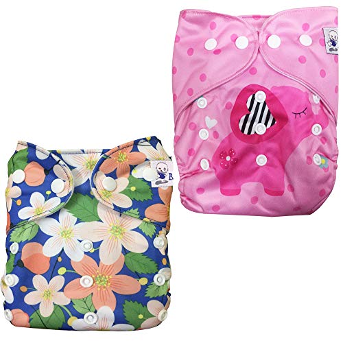 Image of Babymoon (Set of 2) Reusable Cloth Diaper, Premium Adjustable Size Waterproof Washable Pocket Cloth Diaper Nappie (Floral & Elephant)