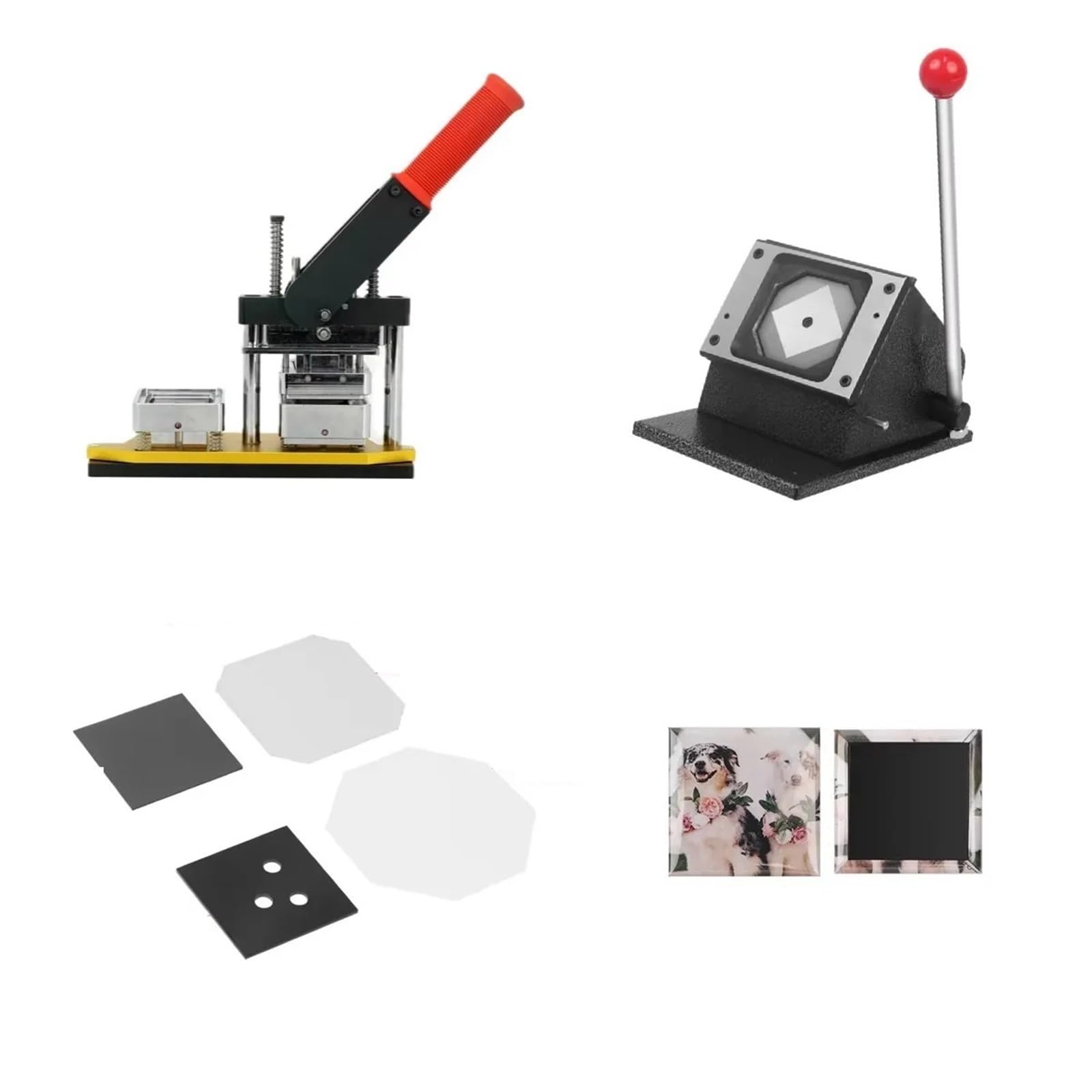 Button Badge Press Maschine Maschinensatz zur Herstellung quadratischer Kühlschrankmagnete aus Stahl, eine Maschine + Schneider + 100-teiliges Materialset