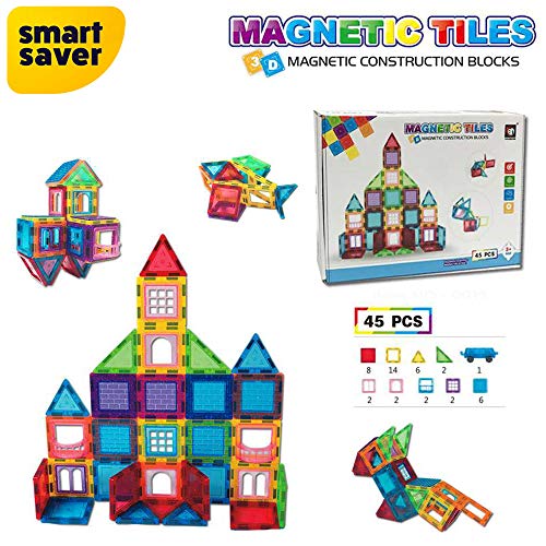 Smart Saver Magnetic Blocks for Kids Tiles - 45 Pieces Set Gifts for Girls, Boys, Magnetic Blocks for Kids 3+ Years, 4 5 6 7 8 9 10/ Constructing & Learning Builder Educational Kids Magnetic Blocks Game