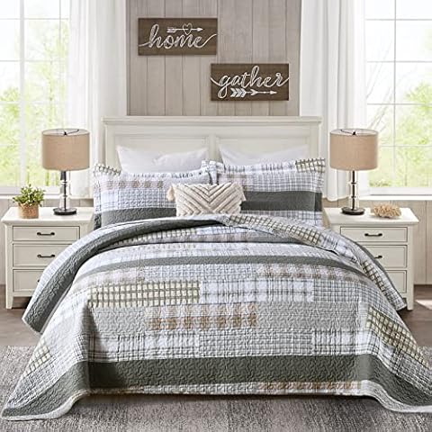 PERHOM Quilt Queen Size - 100% Cotton Queen Quilt Sets, Cozy Patchwork Plaid Queen Size Quilt Bedding Set, Dark Green Brown Beige Lightweight Rustic Farmhouse Reversible Bedspreads for All Seasons Cover