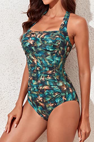 Image of Smismivo Tummy Control Swimwear Halter One Piece Slimming Vintage Retro Swimsuit Womens Ruched Push Up Bathing Suit