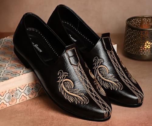 Image of LOUIS STITCH Men's Ethnic Slip On Embroidery Stitch Mojaris | Stylish Nagra Juti for Men | Lightweight and Comfortable Stylish Embroidery Jutis and Mojaris for Kurta Pajama | LSAXNGEDST