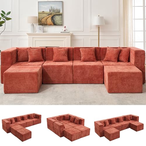 Image of MONVANE Modular Sectional Cloud Couch for Living Room - 130'' 6 Seater Convertible Chenille Couches Set with Ottoman, No Assembly Compression Sofas, Comfy Floor Sofa with Memory Foam, Rust Red