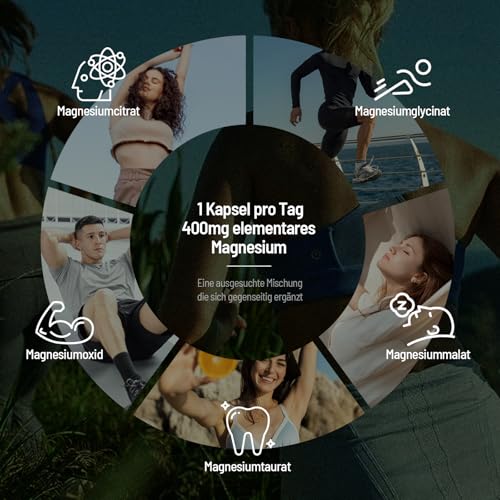 Magnesium Komplex Hochdosiert 400mg - 180 Premium Kapseln (6 Monate), 5 in 1, 807 mg je Kapsel, davon 400mg elementares Magnesium, Vegan, Magnesiumglycinat, Citrat, Malat, Taurate, Oxid