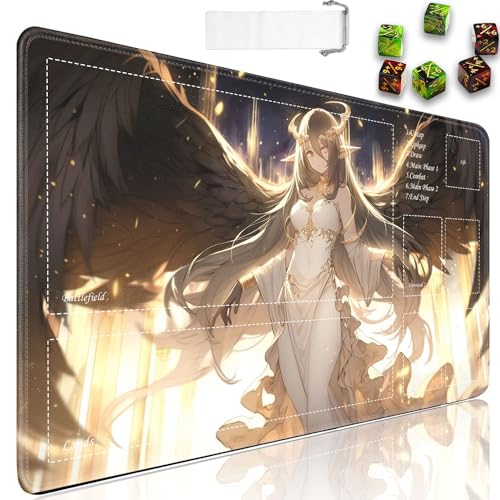 JVGFYNKL Tapete de juego TCG con zonas, 24 x 14 pulgadas, goma antideslizante para MTG, bolsa de viaje con cordón y 6 dados, ángel femenino de anime