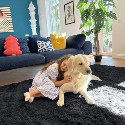 OLANLY 9x12 Machine Washable Large Area Rugs for Living Room, Bedroom, Soft Fluffy Shaggy Bedside Rug, Indoor Floor Carpet for Kids Girls and Boys, Dorms, Nursery, Home Decor Aesthetic, Black