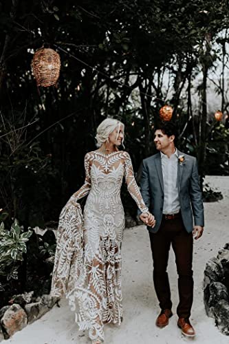Boho Wedding Dresses Unique Lace Long Sleeve Beach Vintage Two Pieces Outdoorsy Wedding Gowns(White Lining,M) #TOP1