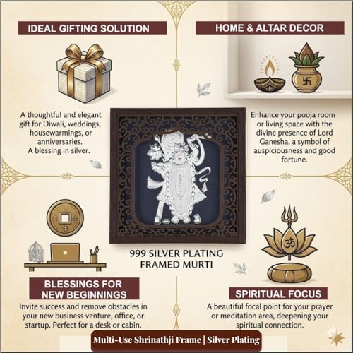Image of Silver Plating Shrinathji Frame | Divine Home Decor | Wall Mount Photo Frame for Gift, Wooden Square PhotoFrame for Temple & OfficeDecor | hanging frame (6.50 inch x 6.50 inch Inch)