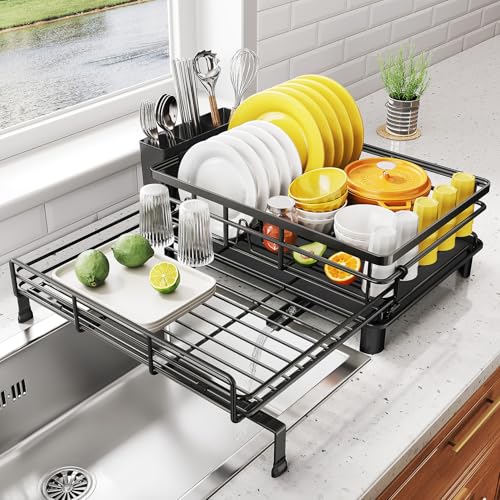 SNTD Dish Drying Rack - Extendable Dish Rack, Large Sink Drying Dish Drainer for Kitchen Counter, Stainless Steel Dish Strainer with Utensil Holder (Black)