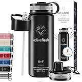 Trinkflasche Edelstahl ACTIVE FLASK + Strohhalm (3 Deckel) BPA-frei, Auslaufsicher, Kohlensäure geeignet - Wasserflasche Fahrrad Thermosflasche Isoliert Isolierflasche Sport Wasser Flasche Kinder Tee