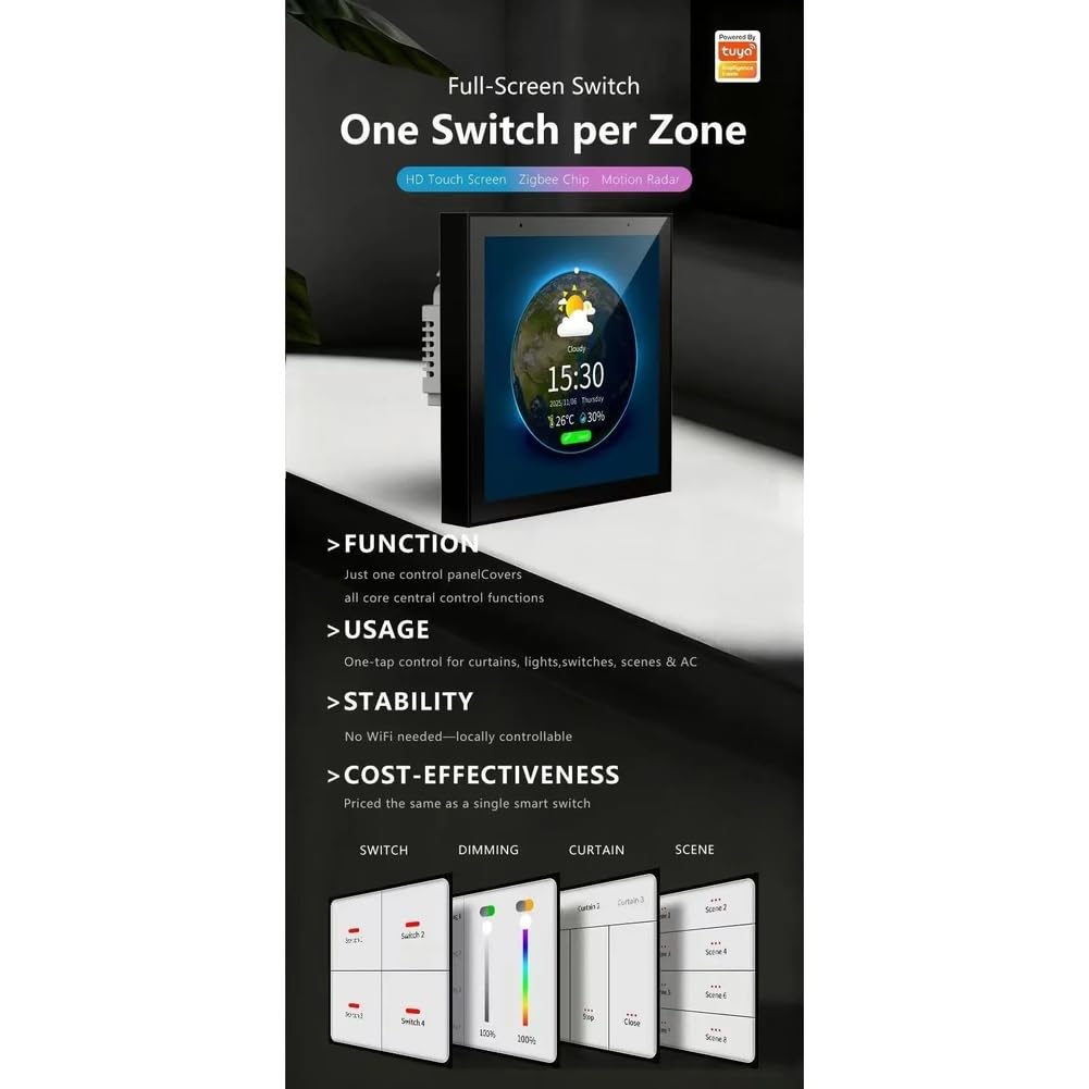 Tuya Zigbee Multifunktionaler 4-Touchscreen-Szenenschalter Dimmerschalter Benutzerdefinierter Text Mehrsprachig-EU-Stecker