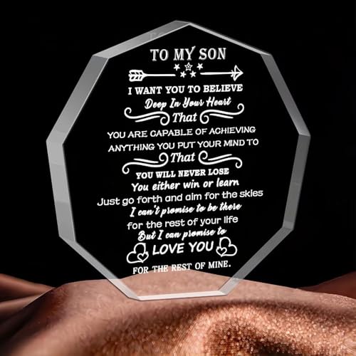 Image of DIGI ARTS Crystal Souvenir Decorative Signage Gift from Mom Dad to My Son Inspirational Birthday Graduation Back to School Christmas Valentine's Day for Adult Teen Boy 12.5 x 12.5 cm