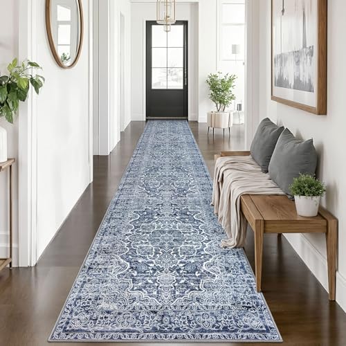 KUTA Vintage Washable Runner Rug 2.6x14, Non-Slip Hallway Kitchen Runners Blue White with Rubber Backing, Ultra Soft Printed Distressed Medallion Extra Long 14ft Carpet Rugs Indoor for Stairs