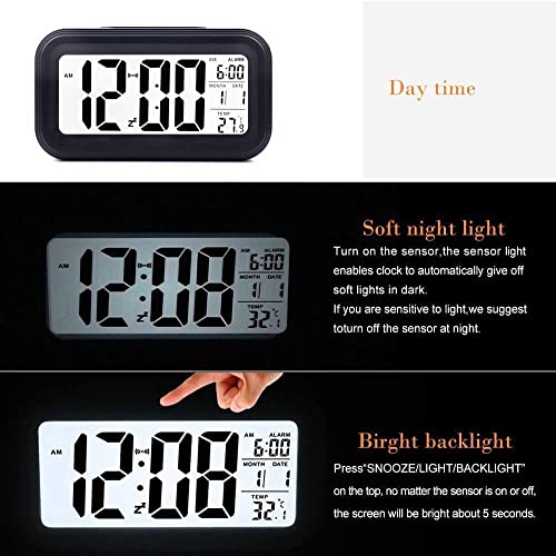Image of Upgraded Digital Alarm Clock, 4.3 inch LED Display with Temperature Larger Lound Light Control Portable Snooze Calendar Brightness with Battery Powered Alarm Clocks Bedside for Everyone (Black)