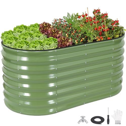 24 Tall Galvanized Raised Garden Bed Outdoor 4x2x2ft Deep Metal Planter Box with Safety Edging & Support Bars Large Oval Raised Beds for Gardening Plants Vegetables Herbs Flowers (Olive Green)