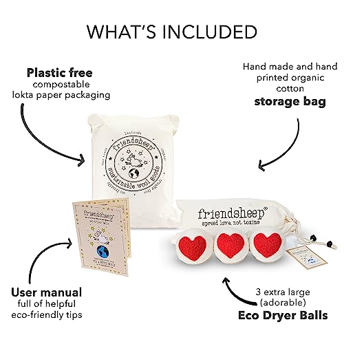 Wool Dryer Balls By Friendsheep 3 Pack Xl Organic Premium Reusable Cruelty Free Handmade Fair Trade No Lint Fabric Softener Red Heart Trio #TOP1