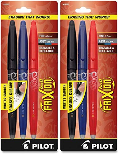 Image of PILOT FriXion Ball Erasable & Refillable Gel Ink Stick Pens, Fine Point, Black /Blue /Red Inks, 2 Pack of 3 (31557)